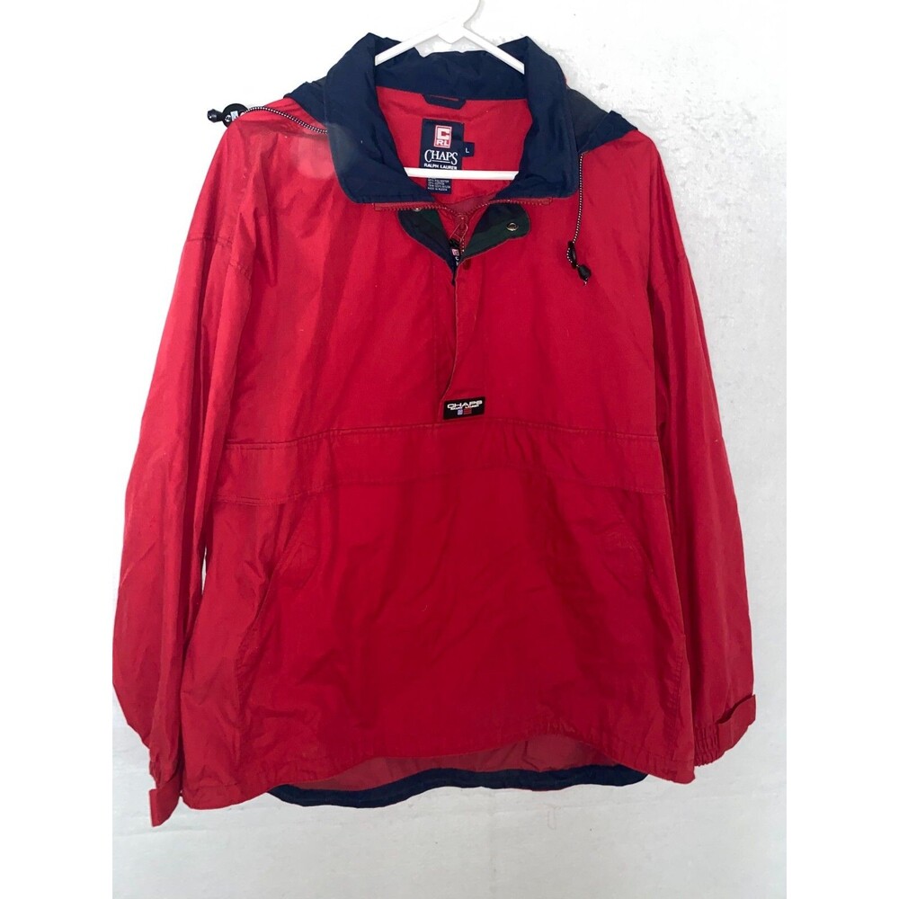 Chaps Ralph Lauren 1/4 zip Parka Windbreaker Red Blue L Hooded Jacket VTG 90s